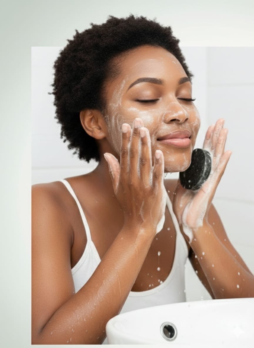 Woman cleansing her face with Evalneth Revolution soap