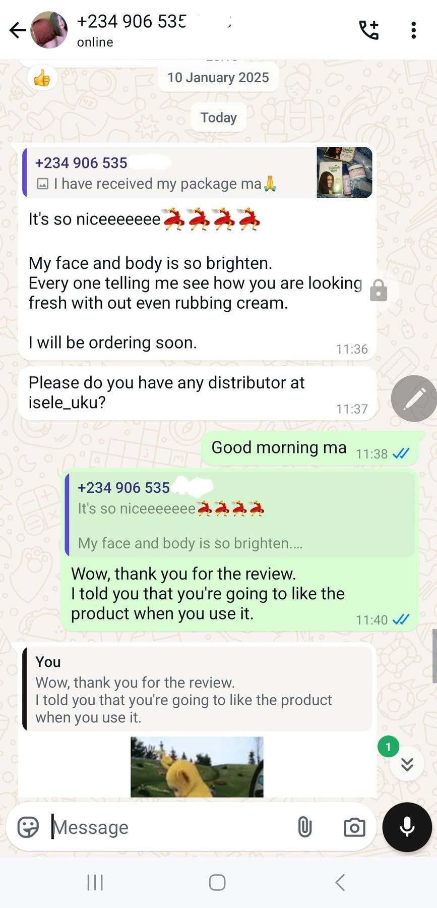 WhatsApp testimonial from Favour Custome